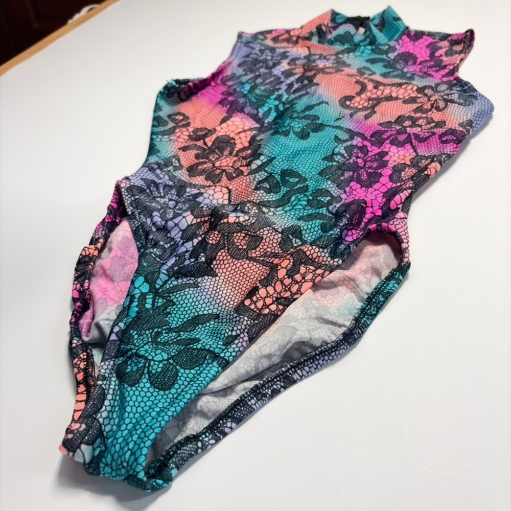 Gilda Marx Flexatard Vintage 80s Floral Lace Print Mock Neck Leotard Sz S USA - Picture 3 of 13